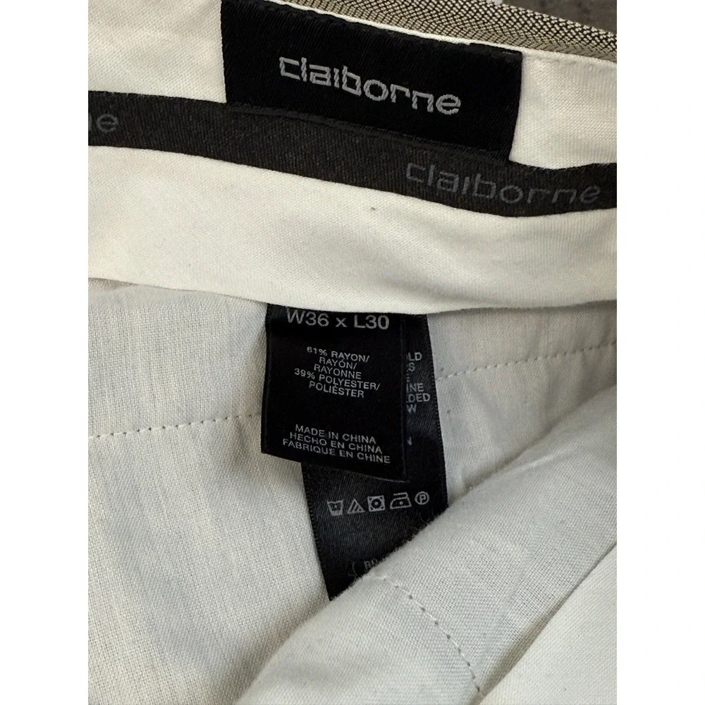 Claiborne Pleated Pants Mens‎ 36X30 Taupe Herringbone Slacks Trousers Cuffed